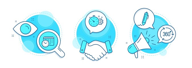 Calendar time, Signature and Cogwheel timer line icons set. Handshake deal, research and promotion complex icons. 360 degree sign. Clock, Written pen, Engineering tool. Virtual reality. Vector