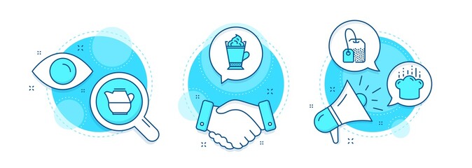 Cooking hat, Milk jug and Latte coffee line icons set. Handshake deal, research and promotion complex icons. Tea bag sign. Chef, Fresh drink, Hot drink with whipped cream. Food and drink set. Vector