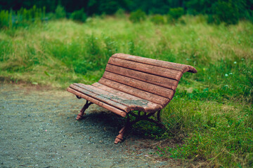 Old wooden bench for rest. Dirty shabby pew in park.