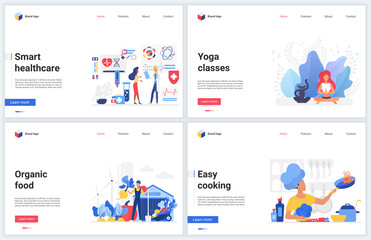 Medical healthcare, healthy lifestyle vector illustrations. Cartoon flat website interface design, mobile app modern banner set with yoga exercises, cooking organic food, smart medicine applications