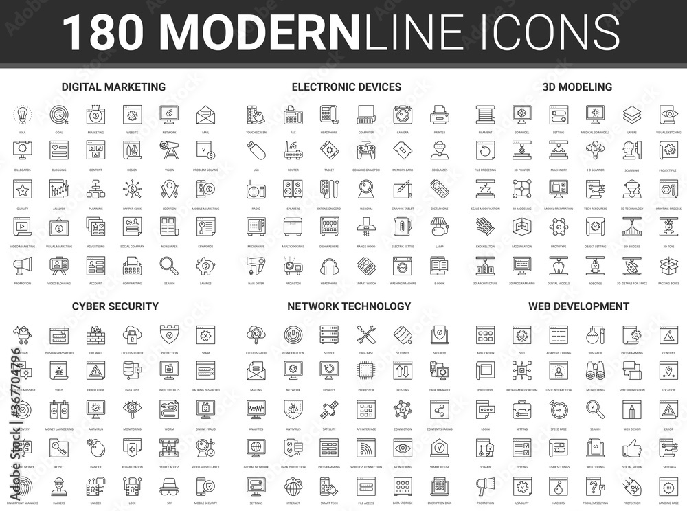 Poster Digital marketing business web technology vector illustration. Flat modern thin line icon set of devices for online social media network, cyber tech secure, strategy development electronic products