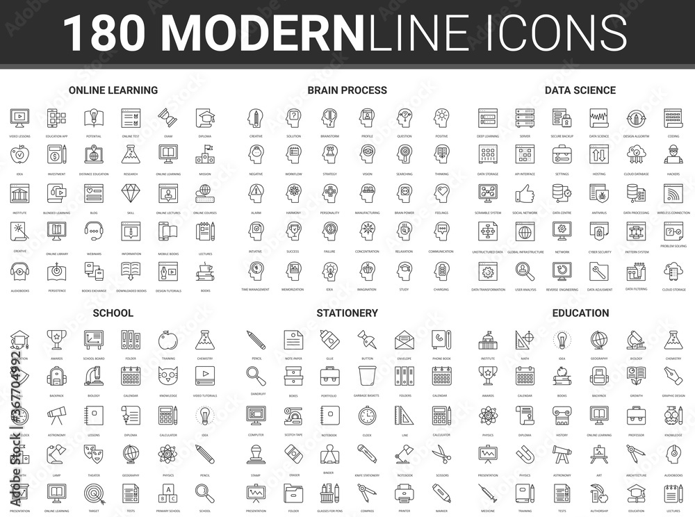 Poster education technology vector illustration. flat thin line educational website icon set of identity in