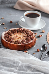 Homemade pie with nuts and chocolate ganache