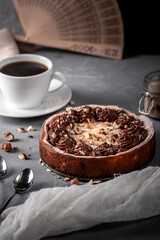 Homemade pie with nuts and chocolate ganache