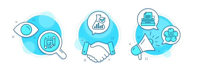Architect plan, Chemistry lab and Natural linen line icons set. Handshake deal, research and promotion complex icons. Typewriter sign. Engineering plan, Laboratory flask, Organic tested. Vector