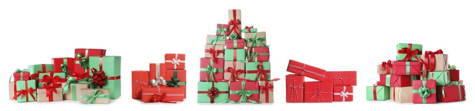 Set with piles of Christmas gift boxes on white background. Banner design