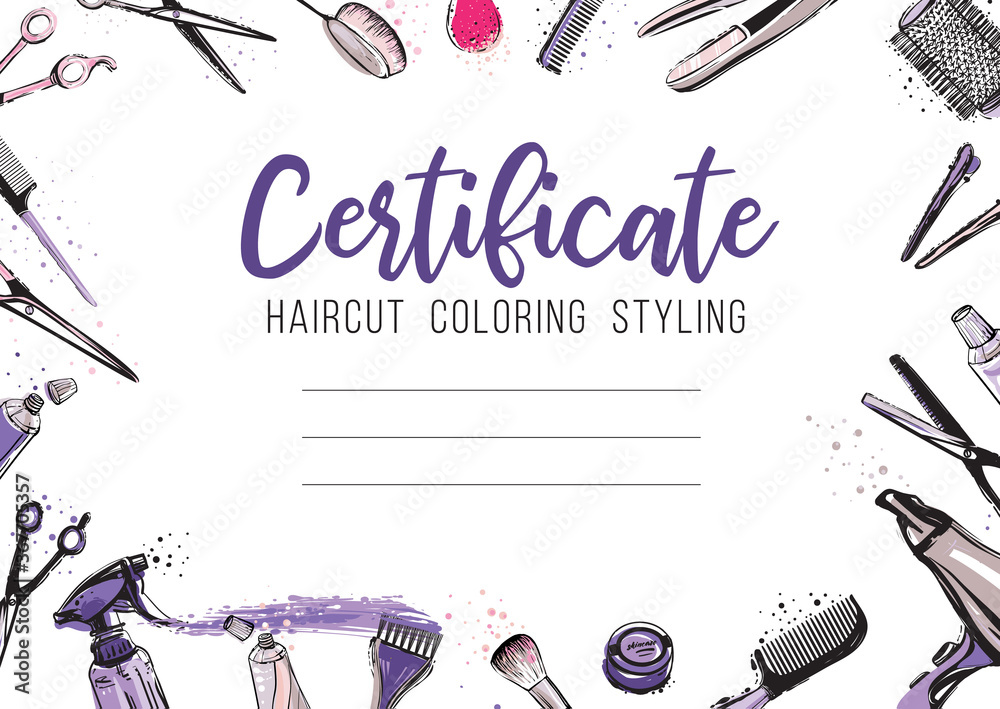 Wall mural Hair cut, hairdressing business card, certificate or gift voucher, flyer. Beautiful illustration in watercolor style on white background - Wall murals