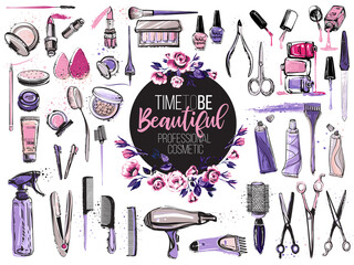 Hair cut, manicure, makeup, hair coloring, hairdressing, styling professional beauty tools and equipment big set. Beautiful fashion illustration in watercolor style isolated on white background