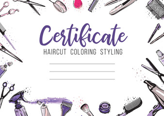 Hair cut, hairdressing business card, certificate or gift voucher, flyer. Beautiful illustration in watercolor style on white background - Powered by Adobe
