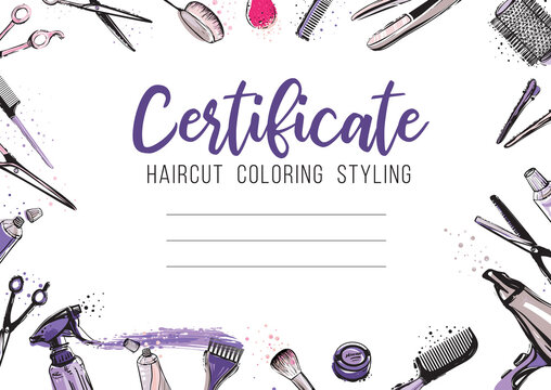 Hair cut, hairdressing business card, certificate or gift voucher, flyer. Beautiful illustration in watercolor style on white background - Powered by Adobe