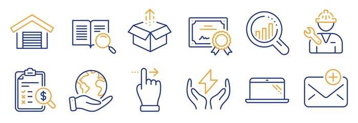Set of Technology icons, such as New mail, Parking garage. Certificate, save planet. Safe energy, Repairman, Accounting report. Touchscreen gesture, Laptop, Search text. Vector
