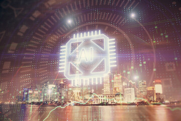 Data theme hologram drawing on city view with skyscrapers background multi exposure. Ai concept.