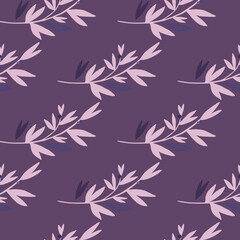Herbal semless pattern with floral lilac branches on purple background.