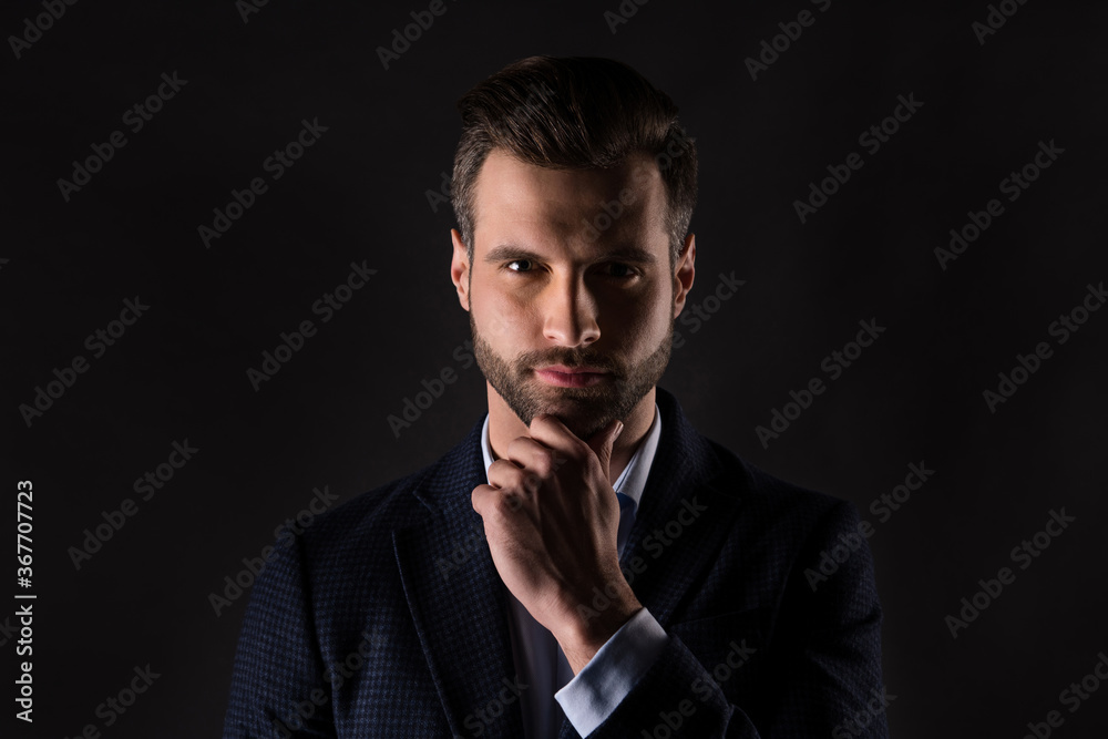 Poster close-up portrait of his he nice attractive imposing content rich wealthy groomed employer guy agent