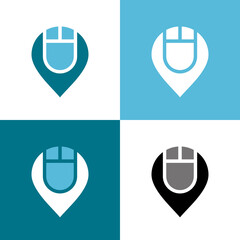 Computer store location symbol, map pin and mouse icon, laptop services sign, computer and map pin logo