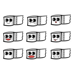 vector illustration of toilet paper emoji, Cute character of toilet paper, Cute emotions of toilet paper character emoji.