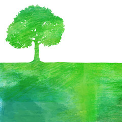 木のシルエットと野原　水彩色鉛筆のテクスチャ