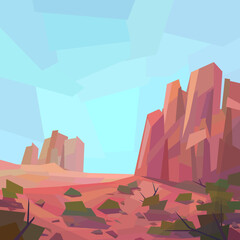 Low poly desert landscape. Mountains, vegetation, rocks. Vector illustration