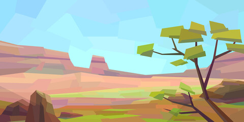 Low poly desert landscape. Mountains, vegetation, tree, rocks. Vector illustration