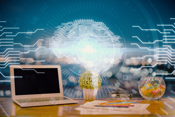 Double exposure of desktop with computer and brain drawing hologram. Artificial intelligence...