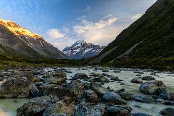 Fototapeta na wymiar The Hooker River from the view of the Hooker Valley Track with Mt Cook in the background.