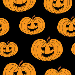 Creative vector halloween pattern with pumpkin scary face, smile.