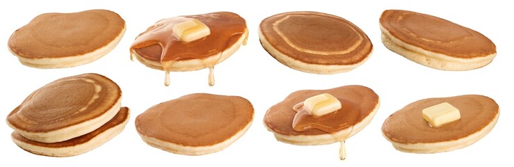 Pancakes with honey and butter isolated on white background.