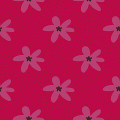 Bright seamless daisy flowers pattern with red dotted background and pink botanic elements.