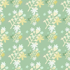 Spring seamless doodle pattern with flowers bouquet silhouettes in light tones. Pastel green background.