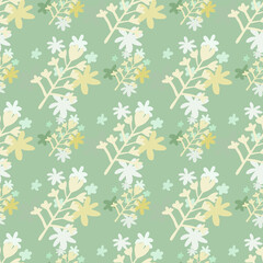 Spring seamless doodle pattern with flowers bouquet silhouettes in light tones. Pastel green background.