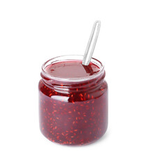 Jar of raspberry jam isolated on white
