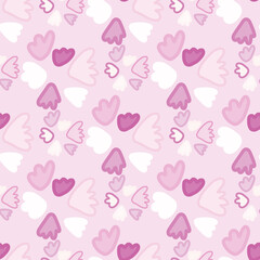 Bright seamless doodle pattern wih flower shapes. Light pink background and white and rozy elements.