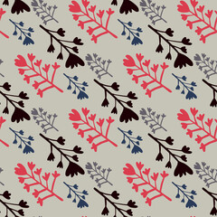 Bright seamless doodle pattern with red, black and navy blue branches. Grey background. Simple backdrop.