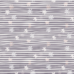 Random seamless pattern with light flower elements on stripped background in blue and white tones.