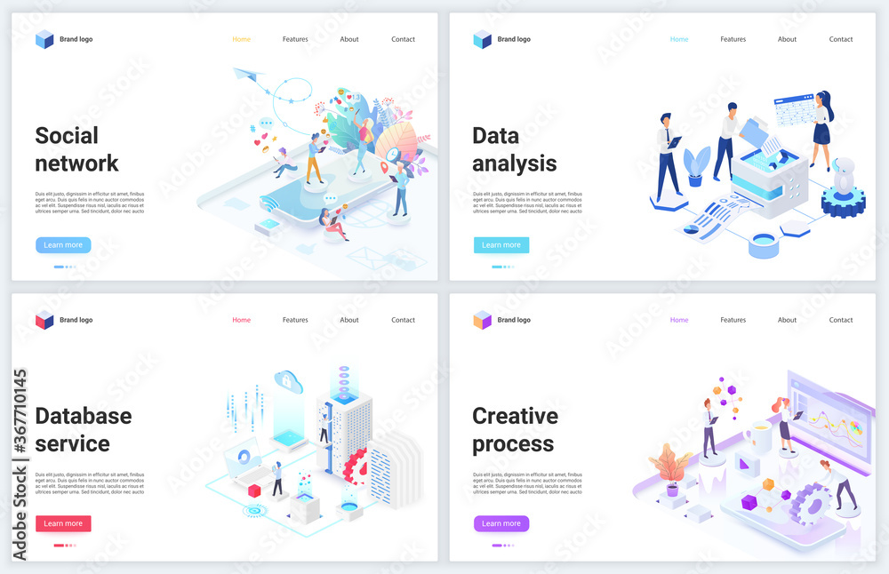 Poster Isometric data analysis of social media network technology vector illustrations. Creative 3d modern concept webpage banner set with cloud office database analyzing service, internet tech analytics