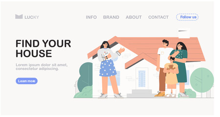 Concept of real estate Agency, sale of a residential building. Relator shows a young family the house. House for sale. Vector illustration for banner, advertising, landing page.