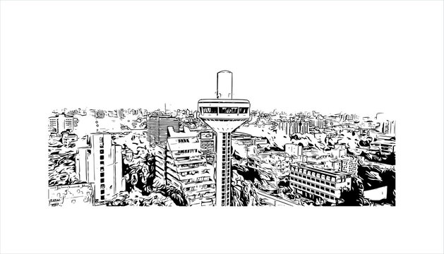 Building view with landmark of Ahmedabad, in western India, is the largest city in the state of Gujarat. Hand drawn sketch illustration in vector.