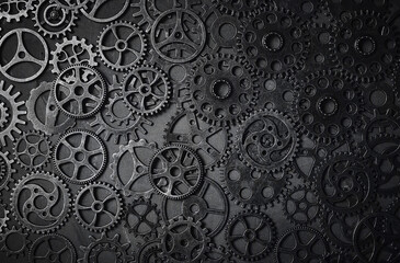 Gears, black and white abstract background, lots of small gears, steampunk.