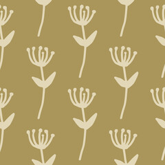 Autumn minimalistic floral seamless pattern with branch silhouettes. Soft brown background with light grey botanic elements.