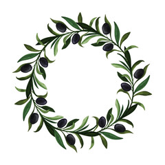 Watercolor olive wreath. The illustration is painted with watercolor paint. White background. The picture is drawn by hand. Illustration for printing, paper design, typography, wallpaper, textiles.