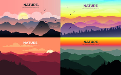 Nature background. Landscape mountains view. Mount range silhouette sunrise and sunset.