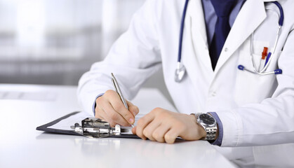 Unknown male doctor sitting and working with clipboard of medication history record in clinic at his working place, close-up. Young physician at work. Perfect medical service, medicine concept