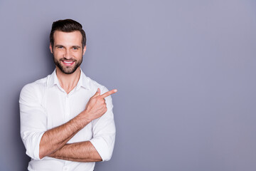 Portrait of his he nice attractive content glad cheerful brunet guy employer director showing...