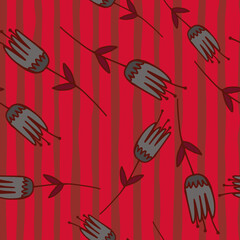 Random abstract tulip silhouettes seamless doodle pattern. Background with strips in red tones and lblue outline flowers.
