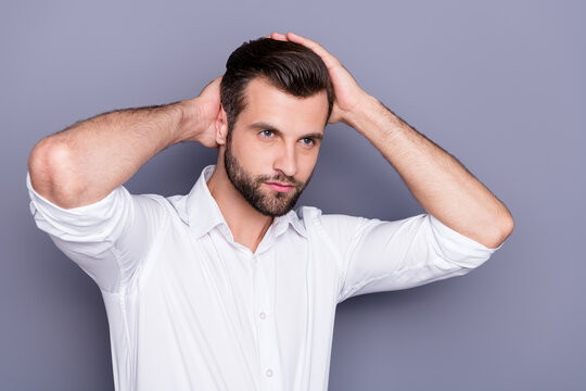 Close-up Portrait Of His He Nice Attractive Content Virile Brutal Man Employee Executive Manager Touching Hair Narcissism Isolated Over Grey Violet Purple Pastel Color Background