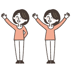 笑顔で手を上げている女性のイラストセット