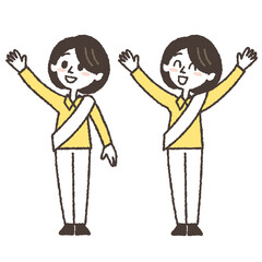 たすきを肩からかけて、手を振る女性のイラストセット