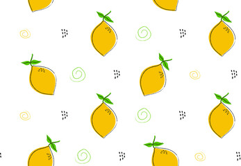 Seamless fruit pattern. Hand drawn lemons with leaves abstract colored shapes for print, fabric, wallpaper. Modern vector illustration