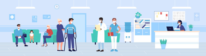Hospital reception vector illustration. Cartoon flat people in protective masks waiting exam in hospital hall interior, disabled man patient on crutches standing next to doctors team background