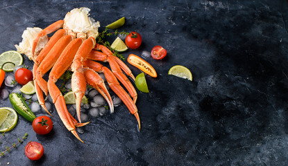 Fresh crab claws, lime, spices, spices, ice, shrimp, vegetables on a dark background. Delicious seafood,
